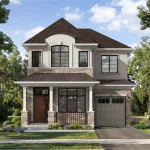 Exterior architectural rendering of a 34' single-family detached home in Upper Joshua Creek, showing a classic stone and stucco facade with a covered front porch and a single-car garage.