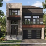 Exterior rendering of a modern 38' detached home in Upper Joshua Creek, featuring a stone and dark brick facade, a second-story balcony, and a two-car garage.