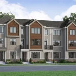 Architectural rendering of three-story rear lane townhomes in Upper Joshua Creek, featuring a mix of grey siding and warm wood-toned accents under a blue sky.