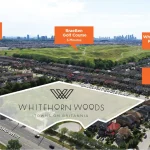Aerial site plan map of Whitehorn Woods Towns on Britannia Road West, highlighting proximity to BraeBen Golf Course, Heartland Shopping District, and Streetsville GO Station.