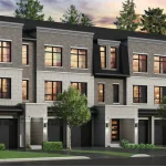Exterior rendering of Whitehorn Woods modern townhomes featuring grey brick and light stone facades, black-framed windows, and private garages under a sunset sky.