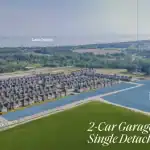 Aerial view of Serene at Belmont residential development featuring single detached homes with 2-car garages, located near Lake Ontario and Highway 35/115.