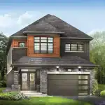 Modern two-story 33-foot detached home at Empire Canals showcasing a mix of dark brick, natural wood accents, a single-car garage, and professional front yard landscaping.