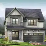 Exterior rendering of a 36-foot detached single-family home at Empire Canals, featuring a two-car garage, grey stone masonry, white board-and-batten siding, and a dark shingle roof.