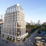 Exterior architectural rendering of The Bedford, a luxury multi-story residential building with a limestone facade and large windows, located on a prominent city corner with a view of the Toronto skyline.