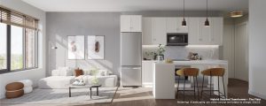 Interior, Residential, Lowrise, Townhomes,  Living - The Flats Kitchen Living.jpg 300x120