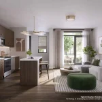 Interior view of a Westshore Garden Townhome featuring an open-concept kitchen with wood cabinetry, stainless steel appliances, and a modern living area.