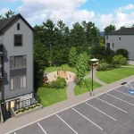 Aerial architectural rendering of Marquis Modern Towns community park with green space, seating area, and surrounding townhouses