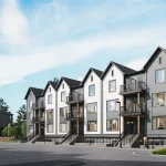 Exterior architectural rendering of modern three-story townhomes with white and dark grey siding, balconies, and parking lot at Marquis Modern Towns