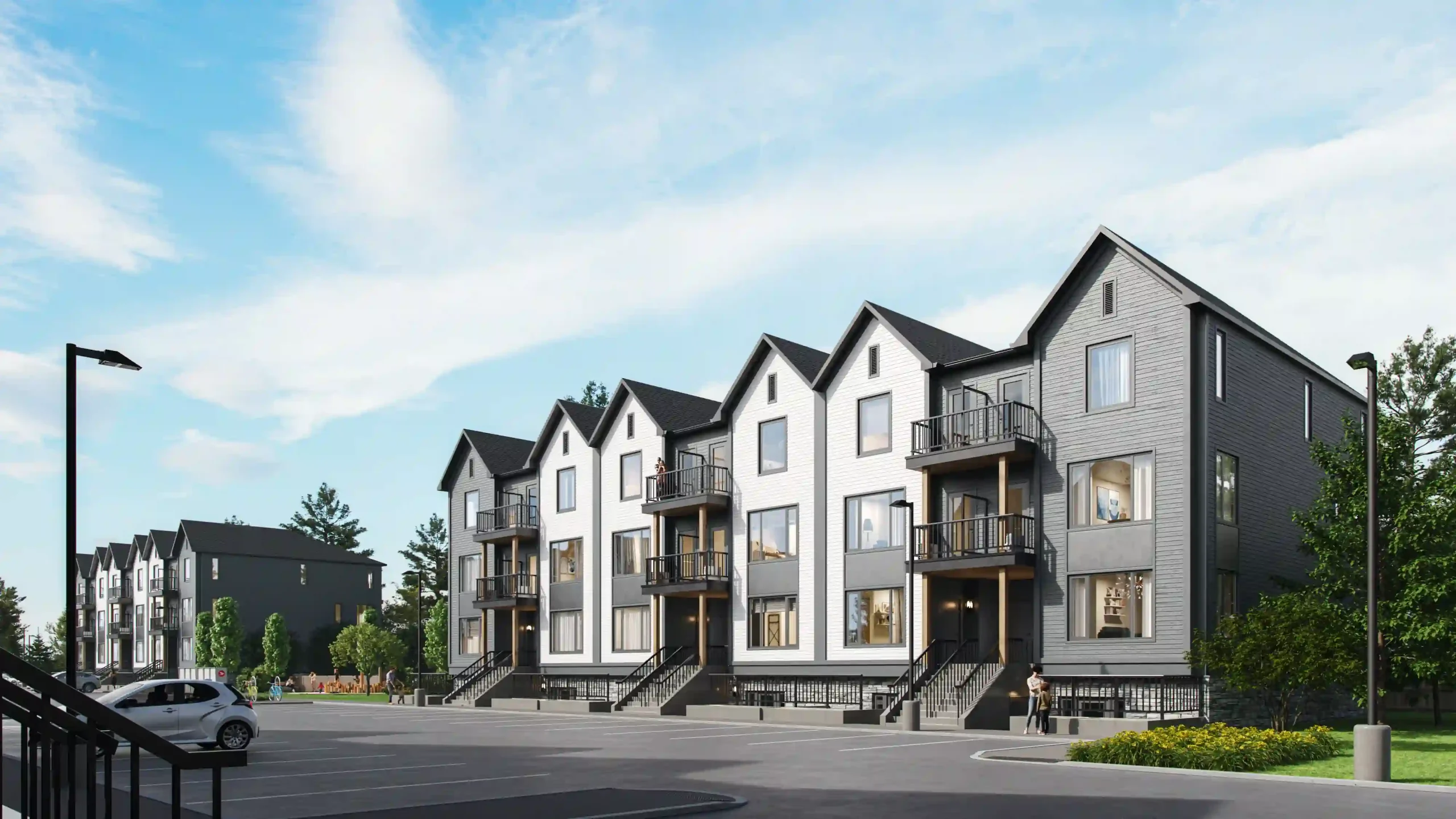 Exterior architectural rendering of modern three-story townhomes with white and dark grey siding, balconies, and parking lot at Marquis Modern Towns
