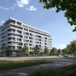 Architectural rendering of Northshore Condos, a modern multi-story condominium building featuring spacious glass balconies, ground-floor retail spaces, and lush green landscaping along the street.