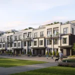 Rendering of Northshore Towns, featuring contemporary multi-level townhomes with brick facades and rooftop terraces, facing a community park with residents walking dogs and children playing.