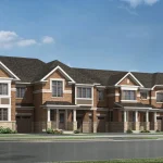 Exterior architectural rendering of Vicinity 2-storey brick and stone townhomes with gable roofs.