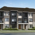 Modern dual-front townhomes at Vicinity featuring grey brick, dark siding, and large windows.
