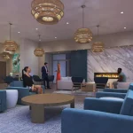 Interior design of the Thompson Towers residents' lounge and party room featuring modern blue armchairs, a marble fireplace, designer wicker light fixtures, and social seating areas.