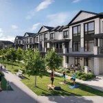 Landscaped central courtyard walkway at Brooklin Towns 2.0 by Madison Group, depicting residents practicing outdoor yoga on the grass, walking dogs, and enjoying the modern white and black farmhouse-style townhome exteriors.