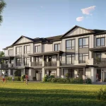 Street-level exterior rendering of Brooklin Towns 2.0 townhouses by Madison Group, featuring modern white brick and board-and-batten siding with private balconies, overlooking a sunny green lawn where children are playing soccer.