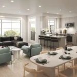 Modern open-concept interior rendering of a Brooklin Towns 2.0 home by Madison Group, showcasing a contemporary kitchen with stainless steel appliances, a spacious dining table set for guests, and a bright living room area with stylish furniture and large windows.