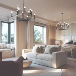 Luxurious primary suite at King’s Calling featuring a king-sized bed with a tall upholstered headboard, a private sitting area with a sofa, two elegant black chandeliers, and large bay windows.