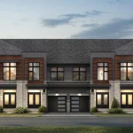 Architectural rendering of contemporary townhouses by Arista Homes in New Kleinburg, showcasing a dramatic multi-unit facade with warm wood-grain paneling accents, light stone detailing, and illuminated entryways at dusk.