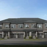 Architectural rendering of a modern townhome block by Fieldgate Homes in New Kleinburg, featuring a gray brick exterior, stone accent pillars, dark trim windows, and integrated garages under a clear blue sky.