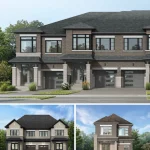 Collage rendering of housing styles by Fieldgate Homes in New Kleinburg, displaying a gray brick multi-unit townhouse row across the top, a symmetrical semi-detached home on the bottom left, and a detached single-family home on the bottom right.