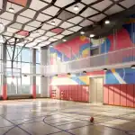 High-ceiling indoor basketball court and gymnasium at The Kith Condominiums with vibrant wall murals and large windows.