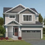 Exterior view of a two-story 36-foot detached home in Cityscape featuring light grey siding, stone accents, front porch, and a two-car garage.