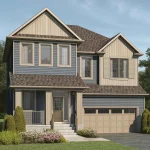 Exterior view of a two-story 44-foot detached home in Cityscape featuring blue siding, beige gables, a front porch, and a double-car garage.