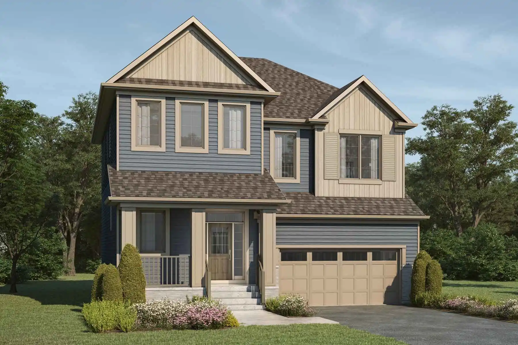 Exterior view of a two-story 44-foot detached home in Cityscape featuring blue siding, beige gables, a front porch, and a double-car garage.