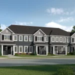 Exterior rendering of a modern row of dark grey townhomes in Cityscape with white trim, covered porch entries, and front landscaping.