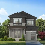 Architectural rendering of a modern 2-story 30-foot detached home at Dreamscape in North Oshawa featuring dark and light gray brick masonry, double glass front doors, and a single-car garage.
