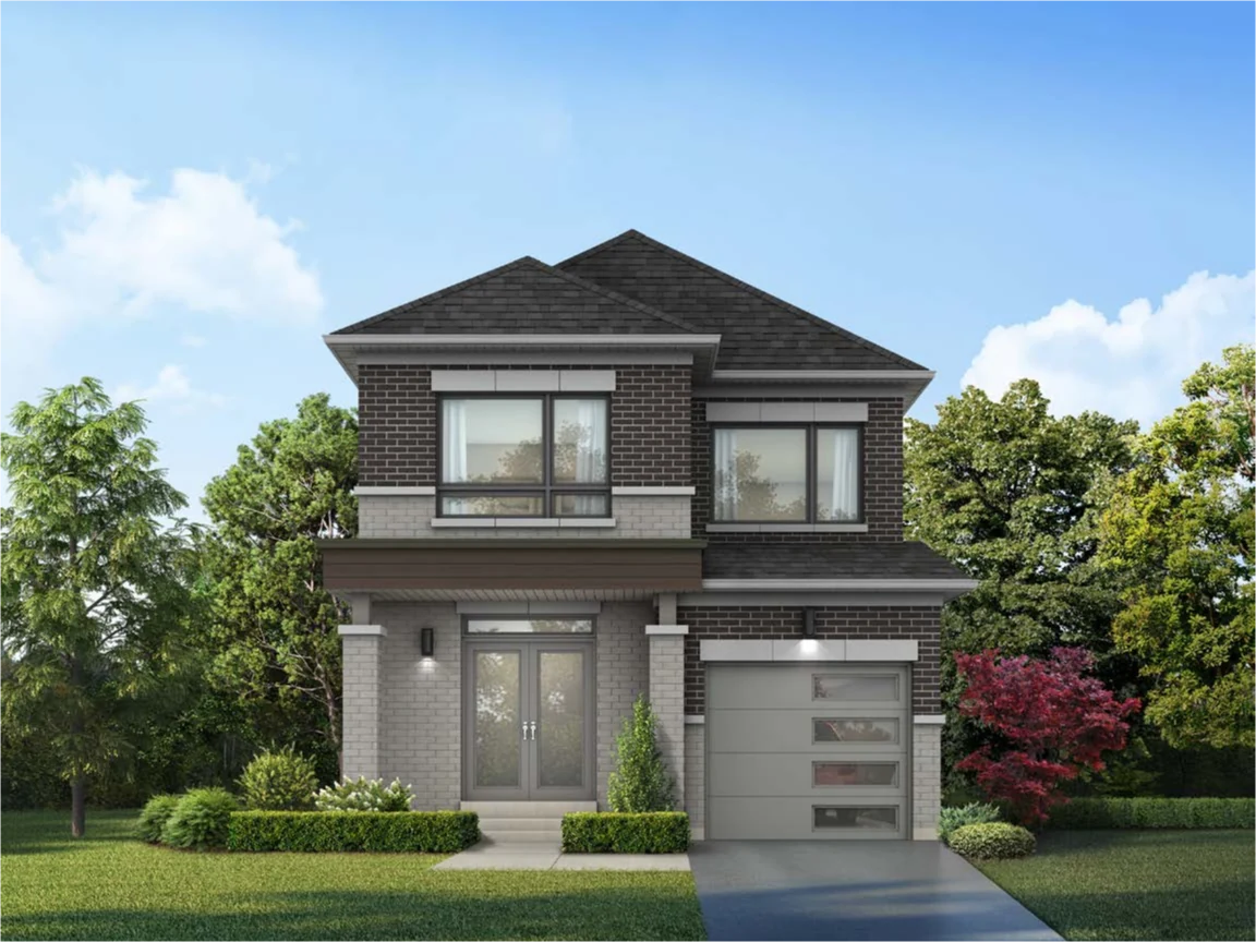 Architectural rendering of a modern 2-story 30-foot detached home at Dreamscape in North Oshawa featuring dark and light gray brick masonry, double glass front doors, and a single-car garage.