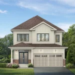 Exterior rendering of a 2-story 36-foot detached home at Dreamscape in North Oshawa with off-white board and batten siding, red brick accents, dark roof, double-car garage, and front porch.
