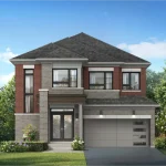 Rendering of a contemporary 2-story 42-foot detached home at Dreamscape in North Oshawa featuring red brick and light gray stone accents, double glass front entry doors, and a two-car garage.
