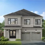 Exterior view of a 2-story 42-foot detached home design at Dreamscape in North Oshawa with light gray brick, black window frames, dark front entry doors, and a double-car garage.