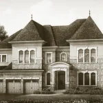 Architectural rendering of a grand luxury estate home at Eversley Estates featuring a stone and brick exterior, three-car garage, and elegant peaked rooflines.