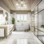 Bright primary ensuite bathroom at Eversley Estates showcasing a freestanding soaking tub, double vanity with wood accents, and a large glass-enclosed walk-in shower.