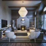 Sophisticated family room at Eversley Estates with a marble fireplace, tiered pendant lighting, vaulted ceilings with wood beams, and cozy contemporary seating.