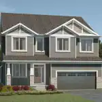 Exterior rendering of a 40-foot detached home in Yorkville by Mattamy Homes, featuring a grey siding facade, stone accents, a two-car garage, and a covered front porch with professional landscaping.