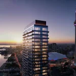 Exterior architectural rendering of Q Tower condominium at sunset, showcasing its high-rise glass facade overlooking the Toronto waterfront, Rogers Centre, and CN Tower.