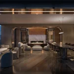 Luxury resident lounge at Q Tower condos with sophisticated modern decor, marble fireplace, long marble bar seating, and warm ambient lighting.