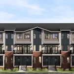 Exterior architectural rendering of Arbor West luxury townhomes in Brampton, featuring modern brick and siding facades, private balconies, and professional landscaping under a bright sky.