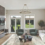 Spacious open-concept great room at Arbor West featuring a floor-to-ceiling marble fireplace with an integrated TV, modern furniture, and large glass doors leading to a backyard green space.