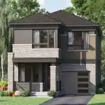 Contemporary detached single-family home in Hawthorne East Village featuring light stone cladding, brown brick accents, and a modern glass-paneled garage door.
