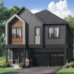 Modern two-story detached home in Hawthorne East Village with a dark charcoal exterior, gabled roofline, and unique wood-look accent siding near the entrance.