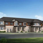 Modern two-storey townhouse block rendering for Seaton Whitevale, showcasing contemporary architecture with flat-roofed porches, light stone facades, warm wood-look siding accents, and large windows.