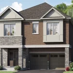 Exterior rendering of a traditional two-storey detached house in Seaton Whitevale, highlighting a double-car garage, brown brick facade, natural stone pillar accents, and dual roof gables.