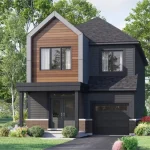 Rendering of a modern two-storey detached home in Seaton Whitevale, featuring a single-car garage, dark grey vertical siding, a prominent wood-accented gable, and a landscaped front yard surrounded by trees.