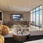 Modern indoor resident lounge at The Rebecca Condos featuring floor-to-ceiling windows, designer circular seating, a sleek kitchenette, and a large dining area perfect for social gatherings.